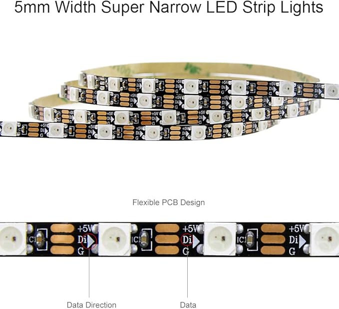 ALITOVE WS2812B LED Strip, 5mm Width Super Narrow RGB Addressable Light Strip 6.6ft 120 LEDs Programmable Dream Color Digital Pixel Rope Light 5V for Home Theater Bedroom Bar Decor