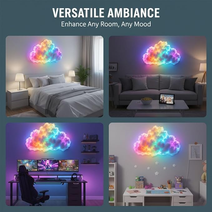 DIY USB-Powered Thundercloud LED Light Decor, 3D Cloud Ambient Light Kit, LED Cloud Lamp with Music Rhythm & Multicolor Color-Changing USB LED Strip, Cool Things for Your Room (LED200cm)