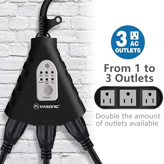 K KASONIC - Outdoor Light Timer, Waterproof Plug in Sensor Outlet Timer Switch, 100 ft Range Remote Control with 3 Grounded Electrical Outlets for Home and Garden, ELT Listed