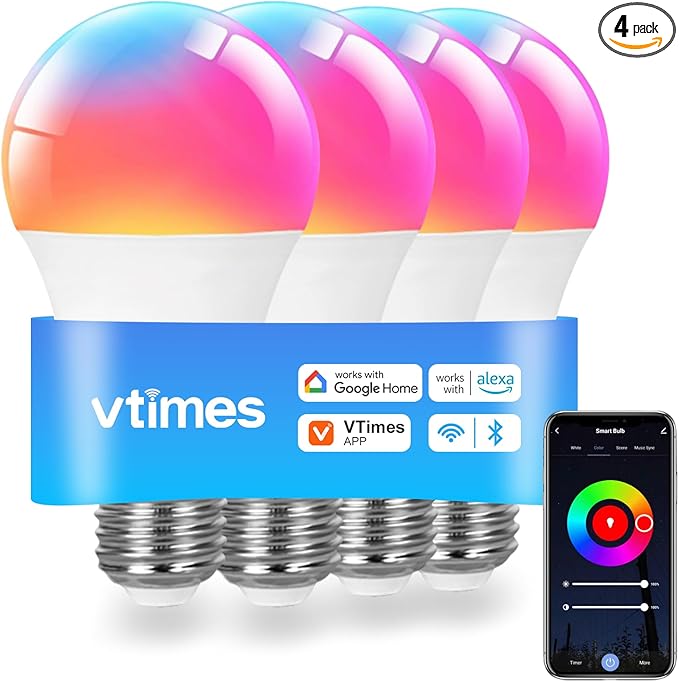 Smart Light Bulbs, WiFi & Bluetooth Light Bulb, Work with Alexa and Google Home, A19 E26 RGBCW LED Color Changing Light Bulb, 16 Million Colors, Dimmable 2700K-6500K, 9W, 800 Lumens 4 Pack