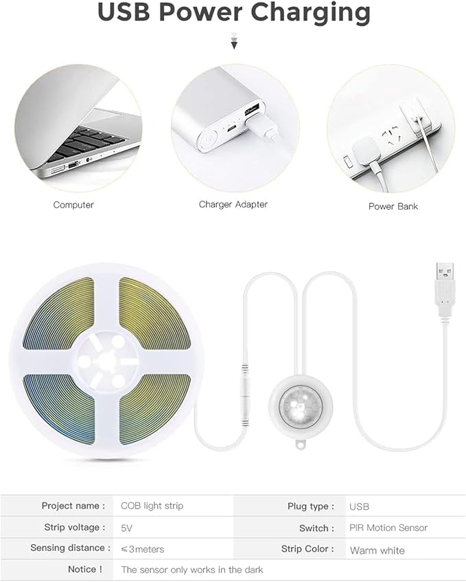 USB 5V COB LED Strip 6.56ft/2M Motion Sensor LED Under Cabinet Light 3000K Flexible LED Strip Lights for TV Backlight, Stair, Kitchen, Bedroom DIY Lighting (Warm White)