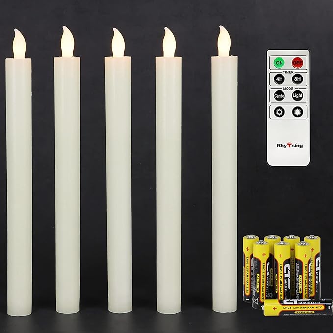 Rhytsing 10" Ivory Flameless Taper Candles with Timer, Battery Operated Dinner Candlesticks, Push-Activated, Textured Wax Finish, Warm White Light, Remote & 10 Batteries Included - Set of 5