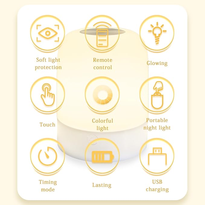 Rechargeable Night Light for Baby Nursery with Touch Control, 13 Colors & 3 Modes, Dimmable Nursery Lamp with Timer, Portable Hanging Bedside Light for Kids Room, Breastfeeding, Camping