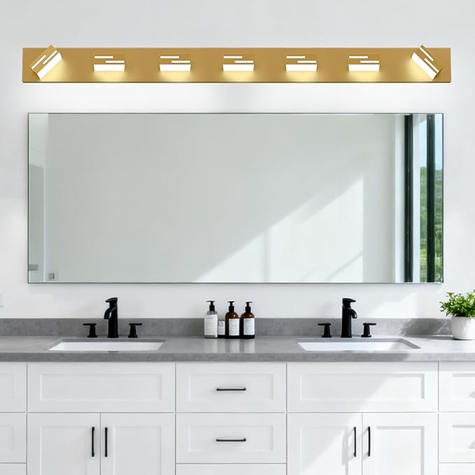 LED Modern Bathroom Vanity Light Fixtures, 7-Light 48-inch Dimmable Gold Vanity Lights for Bathroom Lighting Fixtures Over Mirror, with 350° Rotatable Heads (Cool White 6000K)