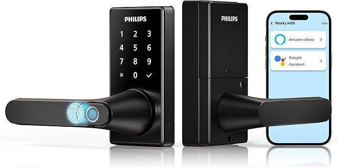 Philips Wi-Fi Smart Door Lock with Handle, Keyless Entry Door Lock for Front Door Lock Set with App Remote Control, Fingerprint Door Handle Lock, Touchscreen Keypad Lever Lock Front Door Handle
