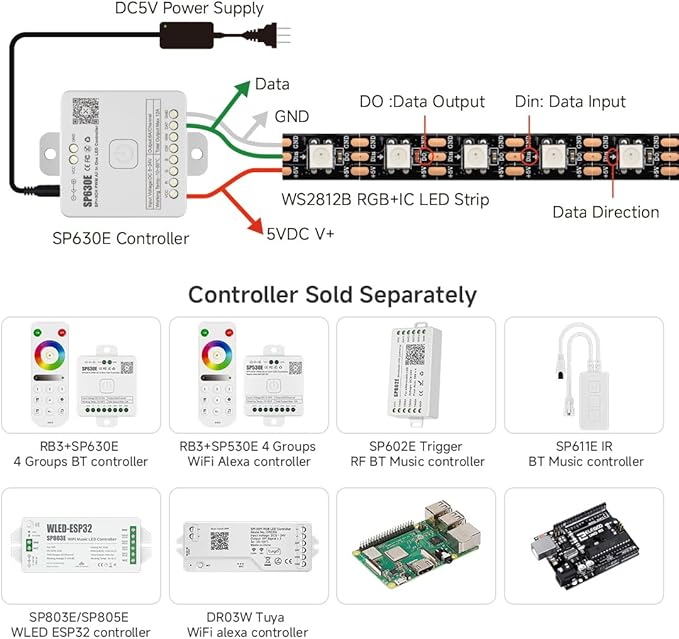BTF-LIGHTING WS2812B IC RGB LED Strip,UL Listed,Pure Gold Wires,DC5V 16.4FT 300LED 5050SMD,Individually Addressable,Flexible for DIY Chasing Full Color Project,IP67(No Adapter or Controller)