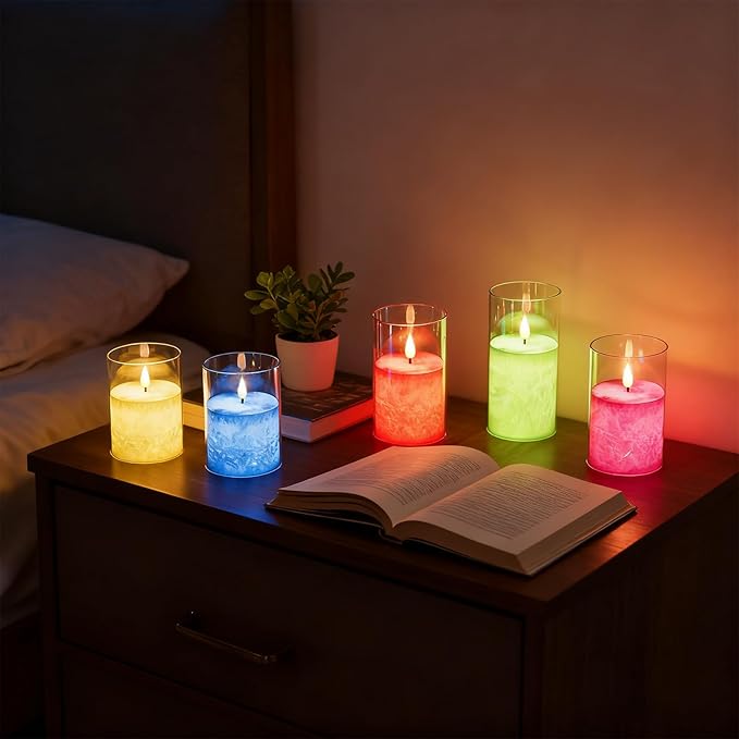 Ice Crystal Real Wax 12-Color Flameless Candles 3-Pack with Remote Timer, Battery Operated Multicolor LED Candles with Warm Flickering Flame for Christmas Wedding Home Decor (4/5/6 Inch)