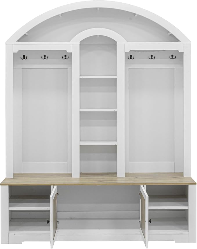 Merax 59" Multi-Functional Hall Tree with Shoe Racks, Curved Style Scandinavian Entryway Organizer with Hangers, Hooks & Shelves for Mudroom, Living Room, White+Walnut