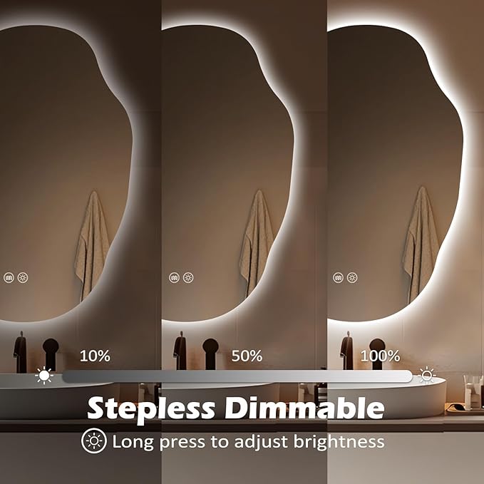 LED Bathroom Mirror with Lights 25x35, Dimmable Irregular Backlit Vanity Mirror with 3 Colors, Anti-Fog, Memory, Al-Alloy Lampshade, Frameless Smart Mirror for Bathroom (Horizontal/Vertical)