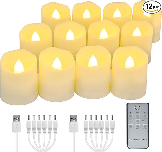 USB Rechargeable Flameless LED Tea Lights Warm White Votive Candles with Remote Battery Flickering Tealights Candle for Halloween Christmas Romantic Home Decoration (12 Packs,Warm White)