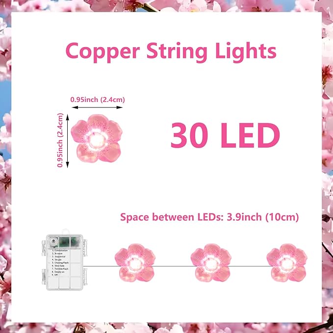 Cherry Blossom Decor Flower String Lights Vines with Fairy Lights Christmas, 30 LED Copper with Remote Control Battery Operated Pink Flower Garland Leaf for Locker, Wall,Christmas Decorations-2 Pack