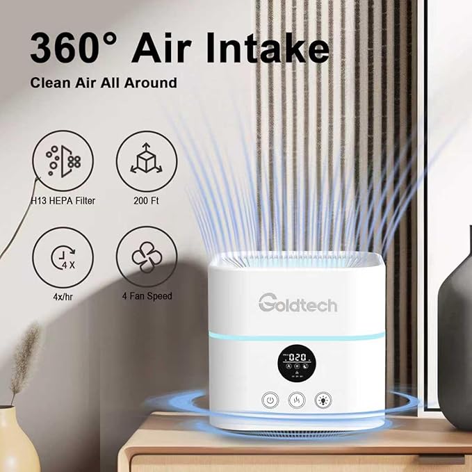 Humidifier and Air Purifier in One for Bedroom Up to 200Ft²,H13 True HEPA Filter Desk Air Purifiers with 500ML Water Tank,LED Light,Small Air Purifier and Humidifier Combo for Bedroom,Office