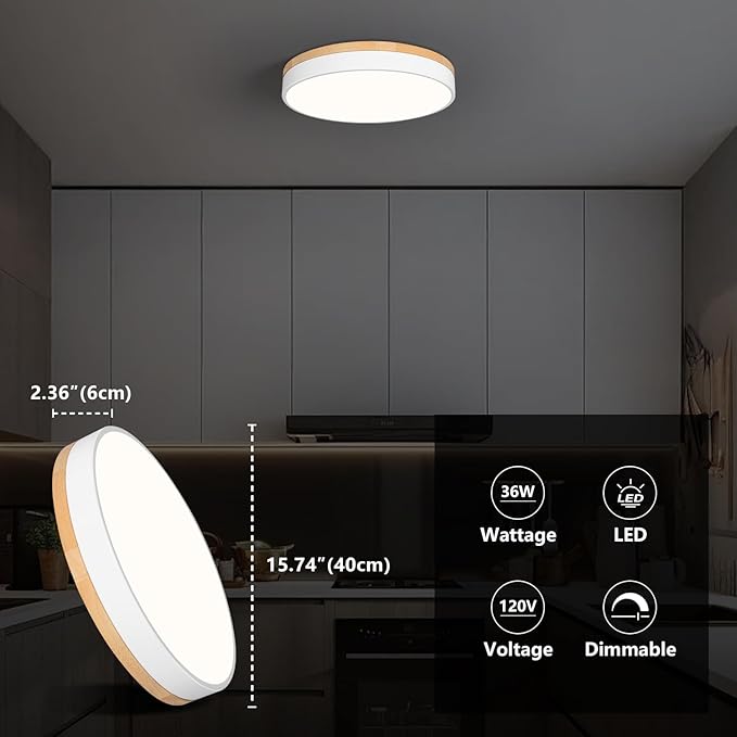 Dimmable Wood Oak Ceiling Light Fixture Modern White LED Flush Mount Ceiling Light 5CCT Minimalist Circle Close to Lighting Fixture for Bedroom Kitchen Bathroom Laundry Room 15.74 Inch