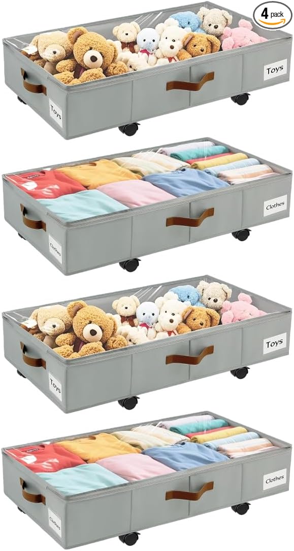 4 Pack Under Bed Storage– 30.5×17×6.5 Inch, Underbed Storage with Wheels Sturdy Sidewalls/Bottom, Clear Cover, Label and PU Handle, Rolling Under Bed Drawers for Clothes, Shoes, Toys, Blankets,Grey