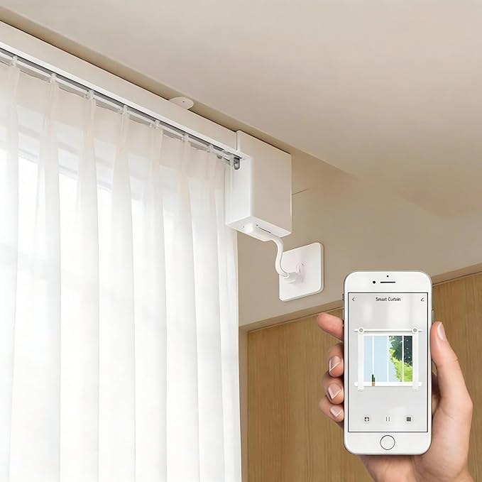Smart Curtain Track System with Mini Wifi Motor, Automatic Ceiling Curtain Opener, Motorized Curtains Rod 88.6''(2.2m) with App, Voice, Remote Control, Compatible with Alexa,Google and Siri