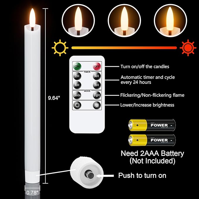 Wondise Flameless Taper Candles with Remote Timer, Real Waxy Battery Operated Flickering Candlesticks, 3D Wick LED Candles 9.6inch for Halloween Christmas Holiday Wedding Decoration (White