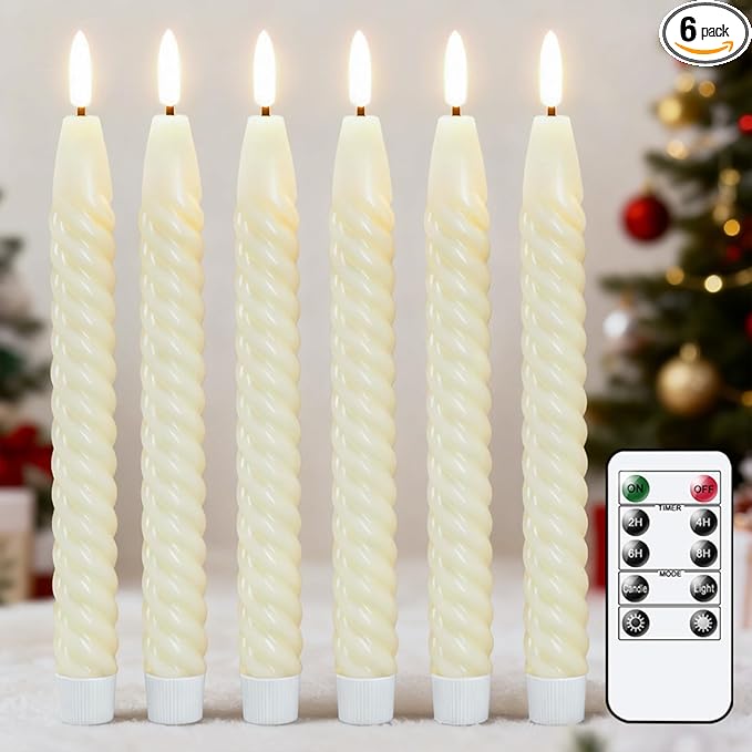 Flameless Taper Candles Flickering with Remote Timer, LED Taper Candles Battery Operated Warm 3D Wick Spiral 6 Pack Real Wax Home Birthday Decor 9.8" Ivory