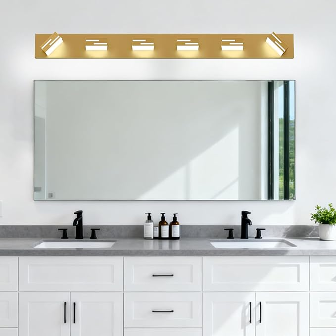 LED Modern Bathroom Vanity Light Fixtures, 6-Light 40-inch Dimmable Gold Vanity Lights for Bathroom Lighting Fixtures Over Mirror, with 350° Rotatable Heads (Cool White 6000K)