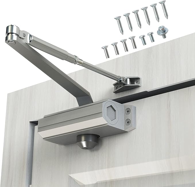 Automatic Door Closer Heavy Duty Fire Prevention Spring Hydraulic Aluminum Alloy Surface Mounted Residential Commerical Door Closer (Silver, Size1-Door Weights 55-99 Lbs)