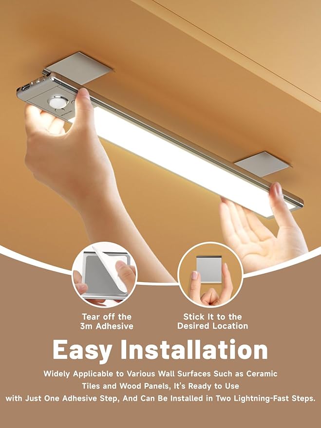 Intelligent Motion Sensor Light Strip, Punch-Free Smart Sensor Magnetic Rechargeable LED Lights Kit, Under Cabinet Night Light for Closet, Kitchen, 3 Dimmable Brightness & Color (2 Pack)