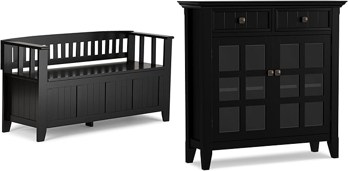 SIMPLIHOME Acadian Solid Wood 48 inch Wide Storage Bench that Seats 2 and 36 inch Wide Storage Cabinet in Black for the Living Room, Entryway, and Family Room, Transitional Style