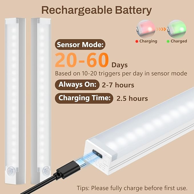 Rechargeable Motion Sensor Light Indoor, 12” LED Under Cabinet Lighting with 3 Modes & Memory Dimming, Stick On Lights for Closet, Kitchen, Hallways (2 Pack)