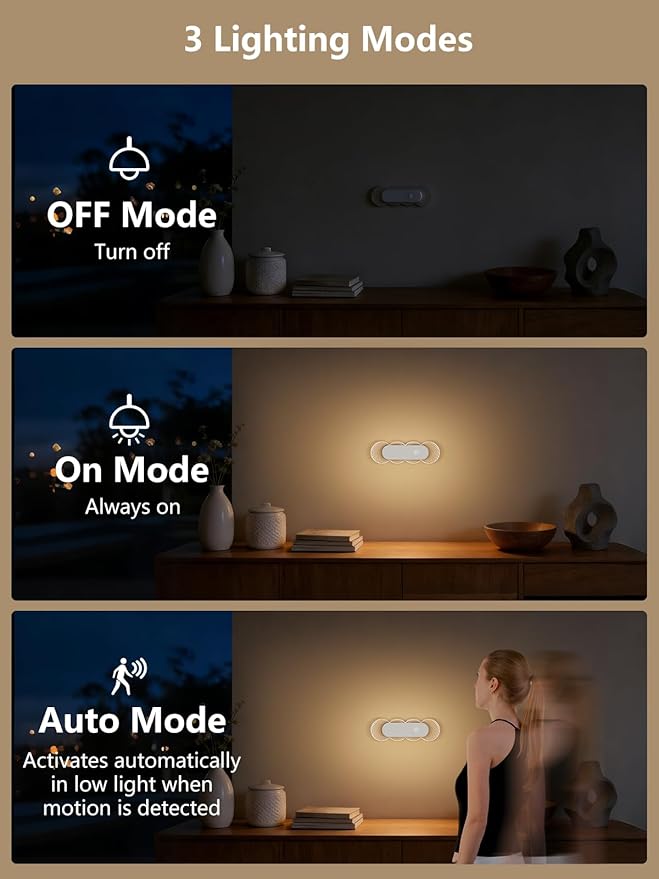 Rechargeable Motion Sensor Night Light, Battery Operated LED Night Light for Kids, Nursery, Bathroom, Toilet, Hallway, Stairs, Closet, Kitchen & Cabinet – Cordless Magnetic Wall Sconce, 2 Pack