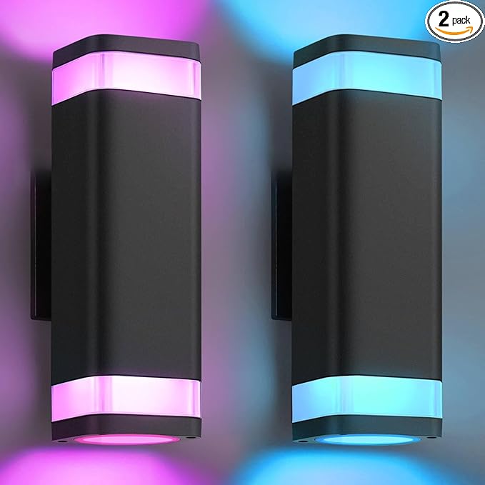 SHIMR Smart RGB Outdoor Wall Lights 2 Pack, WiFi App Control Color Changing Up Down Exterior Sconce with Dusk to Dawn Sensor, Waterproof LED Wall Mount Light Fixture, Compatible with Alexa & Google