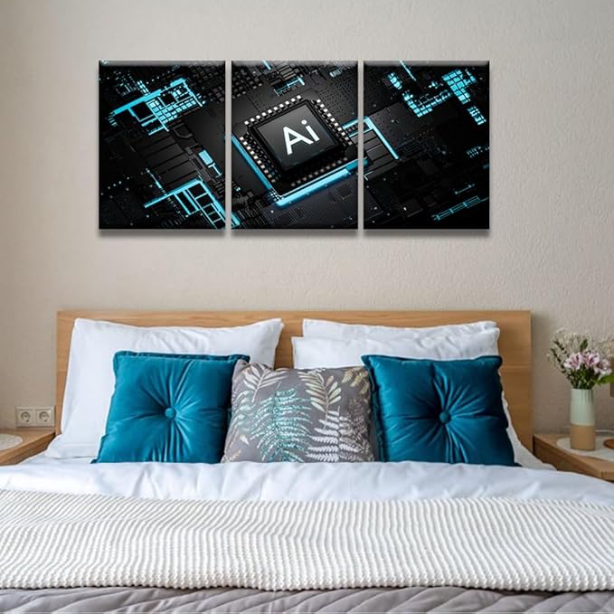 LSIUHWUWI Wall Art for Living Room 3 Piece Artificial Intelligence Processor Smart Microchip Pictures Print on Canvas Wall Art, CPU Artwork Ready to Hang, 12x16inchx3