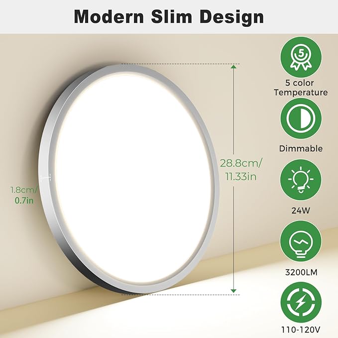 zemty 15" LED Flush Mount Ceiling Light, 30W Dimmable, 5CCT (3000K–6500K) Brushed Nickel Round Fixture | Bright Low-Profile Lighting for Kitchen, Hallway, Bathroom, Living Room -1Pack