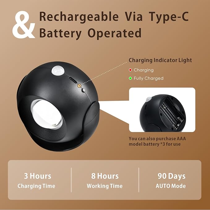 Motion Sensor Wall Light，350° Rotatable Brightness Adjustable Wireless Wall Light, 3 Color Modes Rechargeable Battery Operated Wall Lights for Bedroom, Hallway, Stairs, Closet, Bathroom
