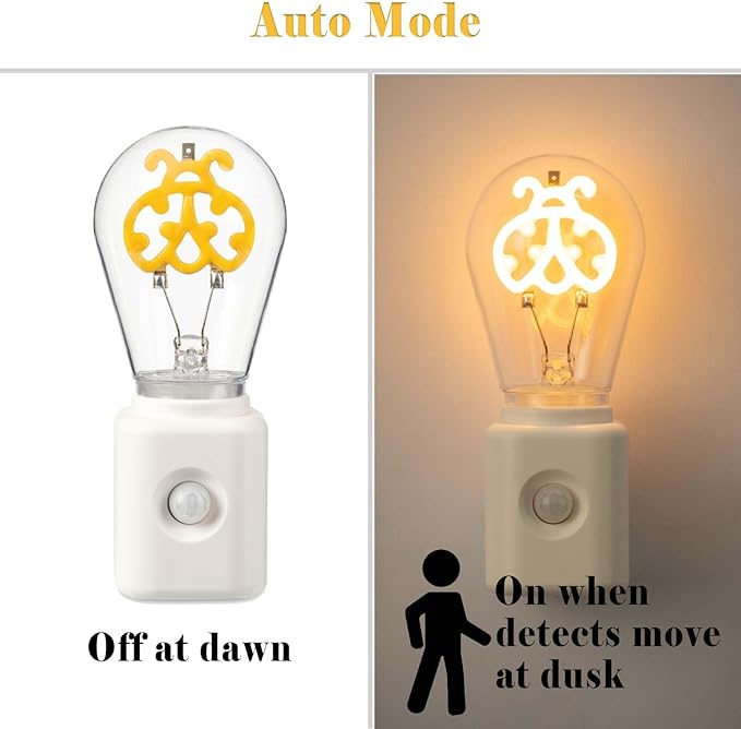 Unique Gift Vintage Dimmable Led Night Light Plug-in, Motion & Dusk-to-Dawn Sensor, Ladybird Shape Filament Warm White 2200K Light, for Hallway, Bedroom, Kitchen, Stairway, 1 Pack