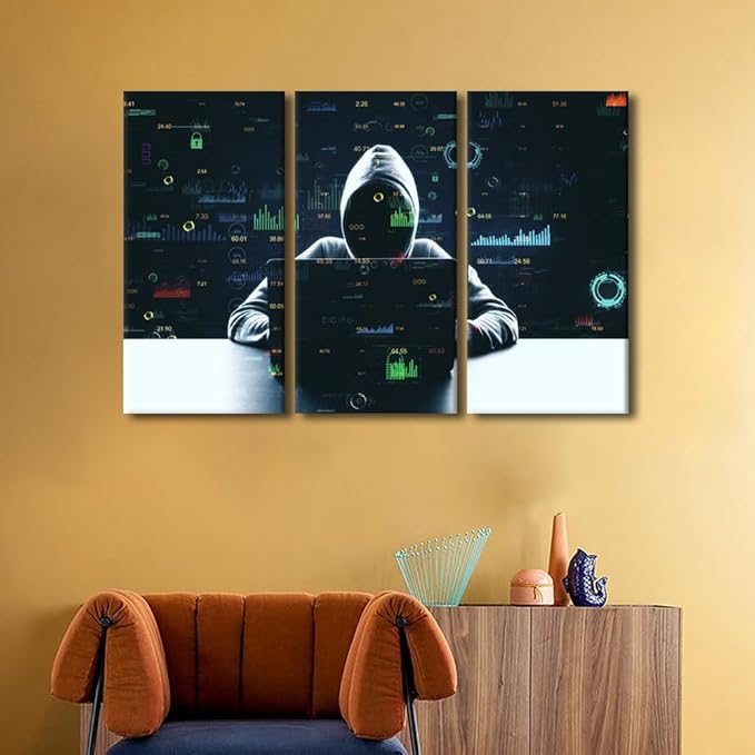 3 Pieces Canvas Wall Art Hacker Malware Framed Art Prints AI Big Data Artwork Prints on Canvas Hacker Giclee Gallery-Wrapped Posters and Prints Modern Home Decor Framed Ready to Hang, 60" Wx40 H