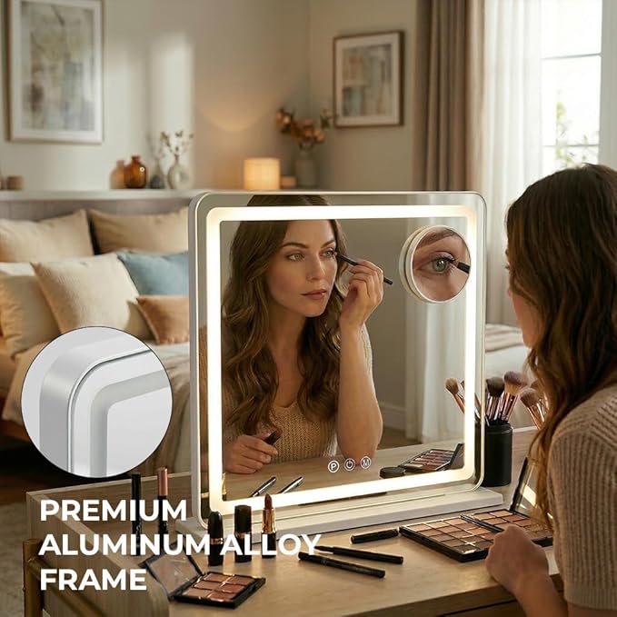 Vanity Mirror with Lights 18"x23", Lighted Makeup Mirror with 3 Color Lighting Modes, 10X Magnification, Vanity Mirror Square White for Bedroom Tabletop - White