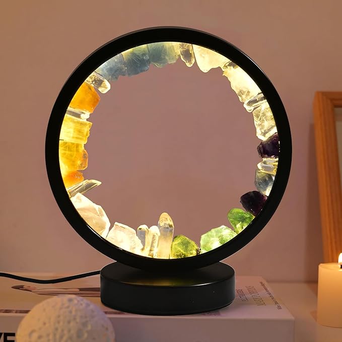 AMOYSTONE Natural Chakra Crystal Night Light with USB, Mixed Stones Round Meditation Lamp with 3-Color Control for Bedroom, Office & Home Decor (Push Button Switch)