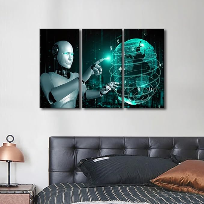 TUMOVO 3 Panels Canvas Wall Art - Robot Canvas Wall Art AI Paintings Canvas Print Large Wall Decor AI Intelligence Pictures Modern Artwork for Wall Decorations Framed Ready to Hang, 36" Wx24 H