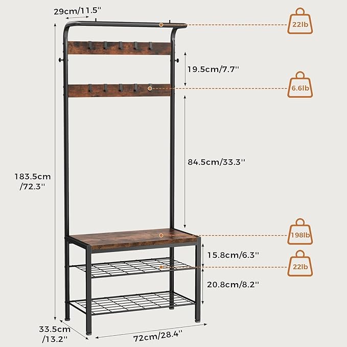 NEWBULIG Hall Tree with Shoe Bench and Coat Rack, 4-in-1 Entryway Organizer with 10 Hooks and Storage Shelf, Rustic Wood Finish Entryway Bench for Mudroom, Living Room, Bedroom