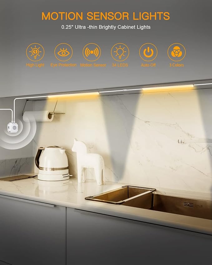 Daymeet Under Cabinet Lights Plug in, 12 Inch Ultra Thin Led Light bar, Motion Sensor Counter Closet Lamp, 3 Color Temperatures 3500K 4500K 6500K Shelf Lights for Kitchen, Workbench, Desk (2 Pack)