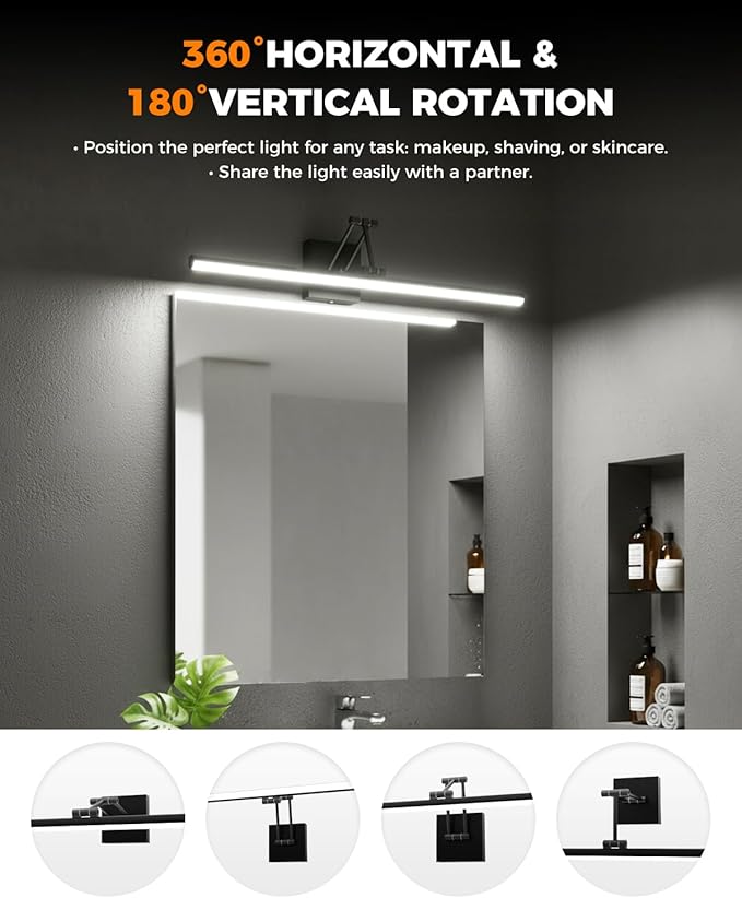 Morden Bathroom Light Fixtures,Black Vanity Lights, 360°Rotatable 24IN Vanity Fixture Over Mirror with 5CCT&Dimmable Wall Lamp, Eye-Friendly Led Bath Bar For Makeup Shaving-ETL, Ideal Gift for Holiday