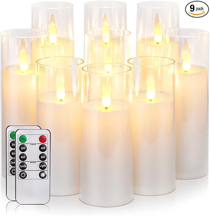 Homemory Pure White Acrylic Flameless Candles, LED Candles, Battery Operated Candles with Remote Control and Timer, Fake Electric Candle, Wedding, Home Decor, Set of 9