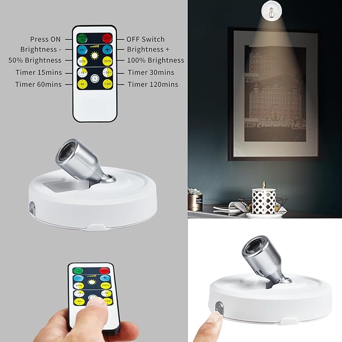 2-Pack LED Spotlight Battery Operated Picture Lights, Puck Lights with 2 Remote, Dimmable Stick Spot Lights with Timmer for Wall Display Painting Dartboard Artwork Accent Closet