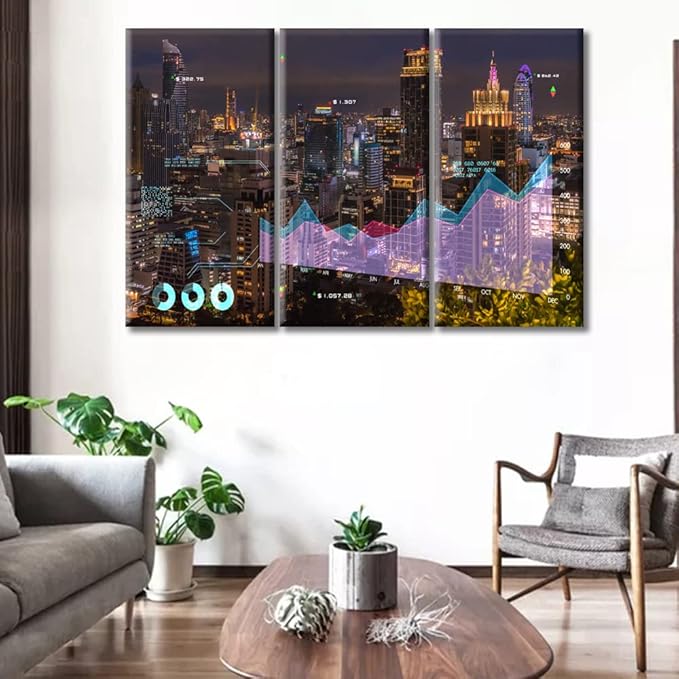 TUMOVO 3 Panel Stock Exchange Market Paintings Wall Decor Finance Stock Graph Chart Price City Building Background Bedroom Decor Wall Art Pictures Modern Home Decor Framed Ready to Hang (60" Wx40 H)