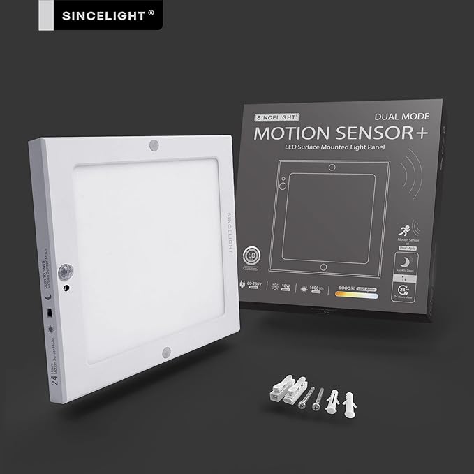SINCELIGHT PIR Motion Sensor 18W LED Ceiling Light (Square), Automatically ON/Off, Movement Activated, Dual Mode Turnable, Cool White 6000K, Surface/Flush Mount for Hallway,Porch, Pack of 1