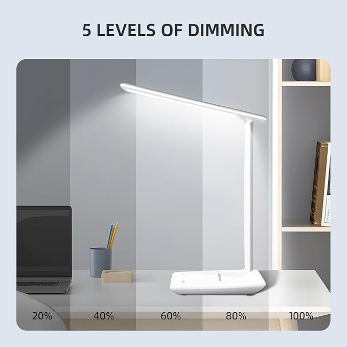 LED Desk Lamp, Dimmable Table Lamp with 5 Colors and 5 Brightness Levels, Reading Light with USB Charging Port, Touch Control for Children, Bedroom, Reading, Offices