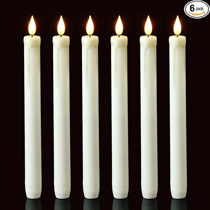 Homemory 6 Pack Flameless Taper Candles, No Remote, Realistic Flickering Battery Operated Candlesticks, White LED Plastic Candle Safe for Weddings, Table Decor, Christmas, and Halloween