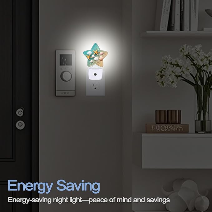 Night Light,Starfish Shell Plug into Wall with Dusk to Dawn Light Sensors,Summer Coastal Beach Warm Star Nightlights for Bedroom,Bathroom,Hallway,Kitchen Home Decor Desk Lamp
