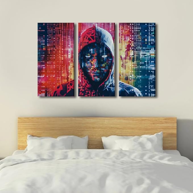 TUMOVO 3 Panel Modern Wall Art Hacker in Mask on Dark Background with Digital Effects Pictures Print on Canvas Wall Art for Home Office Wall Decorations Ready to Hang, 36" Wx24