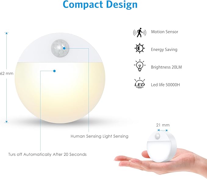 AMIR Upgraded Mini Motion Sensor Light Battery-Powered, Cordless Stick-on LED Night Light, Wall Lights, Closet Lights, Safe Light for Stairs, Hallway, Bathroom, Kitchen, Cabinet (6 PCS - Warm White)