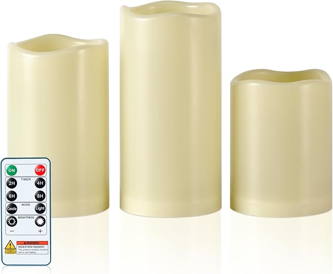 5plots 3" X 4"5" 6" Outdoor Waterproof Candles, Battery Operated Led Ivory White Flameless Candles with 10-Key Remote & Timer for Indoor Home Lantern Holiday Decor, Set of 3