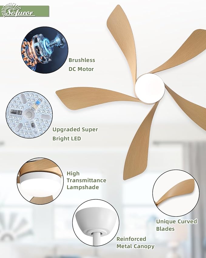 Sofucor 45" Smart Ceiling Fan, Outdoor Modern Ceiling Fans with Lights and Remote, Compatible with Alexa/Google/App, 3-Color Light 6-Speed Timing Reversible DC Motor for Living Room Bedroom Patio